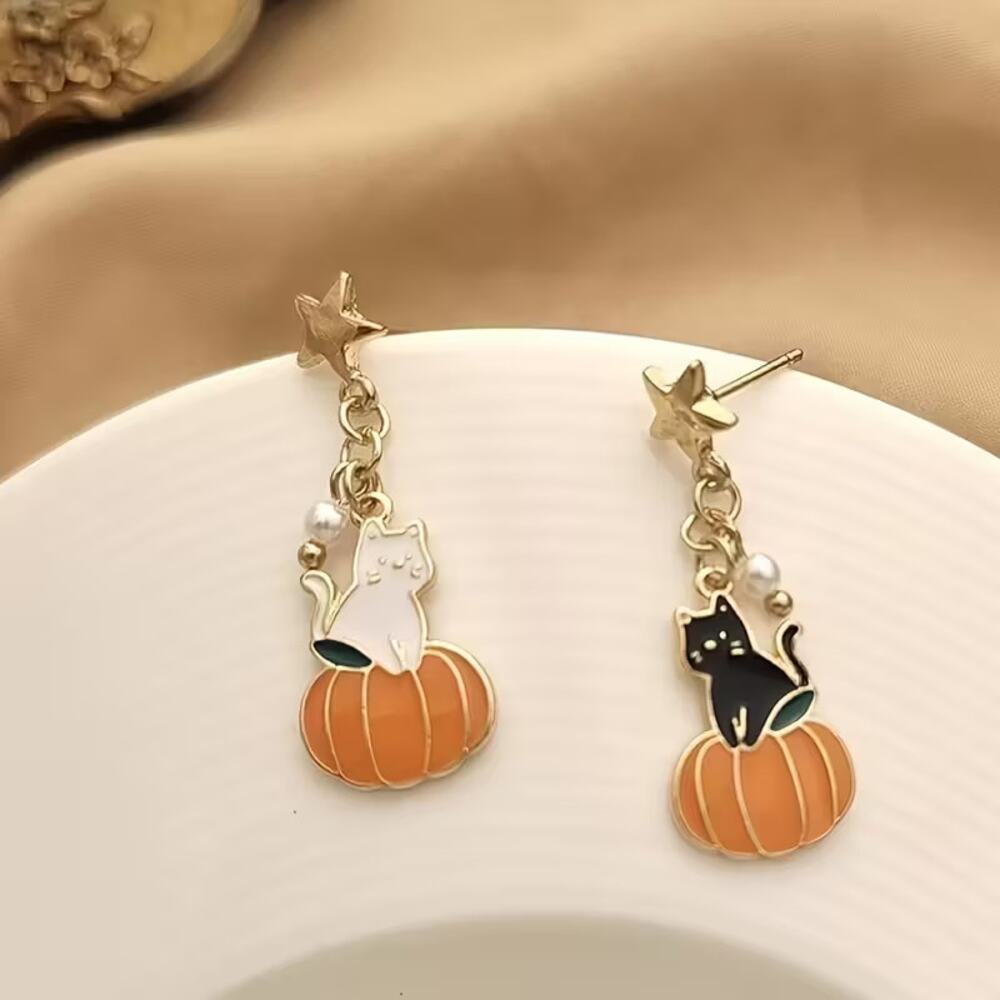 Cute Halloween Cat Pumpkin Dangle Earrings – Star Charm Fall Jewelry
